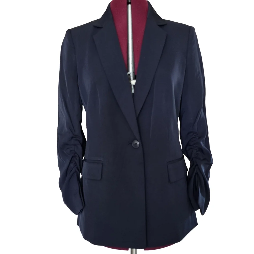 NWT Calvin Klein Women's Navy Rouched Sleeve Blazer Size 8 Career Work Business